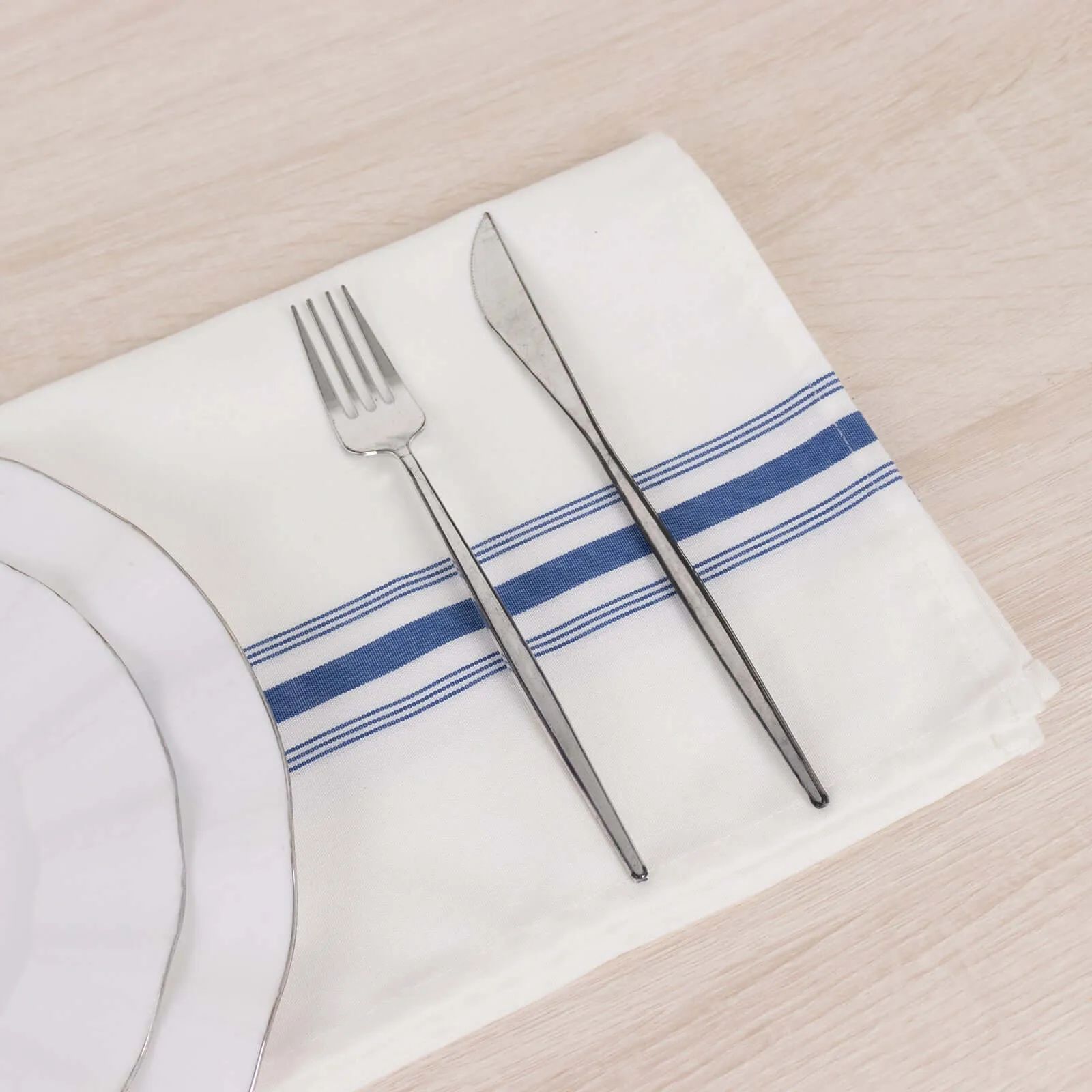 10 Pack White Spun Polyester Cloth Napkins with Blue Reverse Stripes, Premium Restaurant Quality Bistro Napkins - 18"x22"