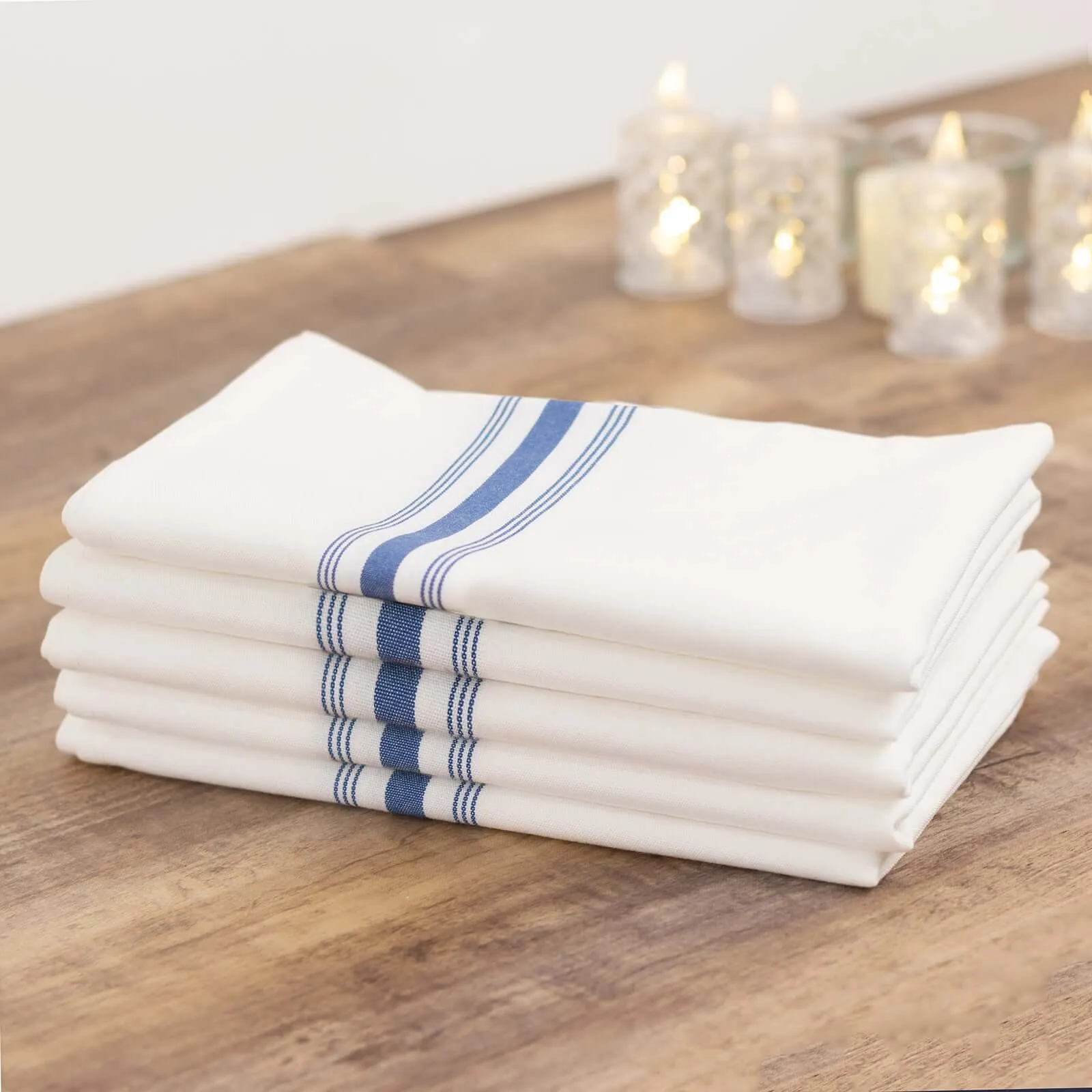 10 Pack White Spun Polyester Cloth Napkins with Blue Reverse Stripes, Premium Restaurant Quality Bistro Napkins - 18"x22"