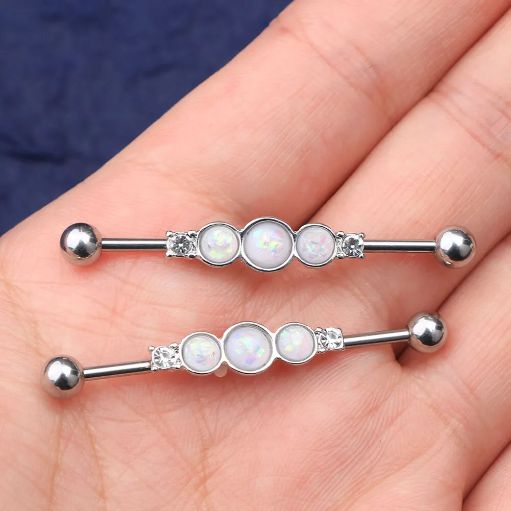 14G White Opal and CZ 38mm Industrial Barbell