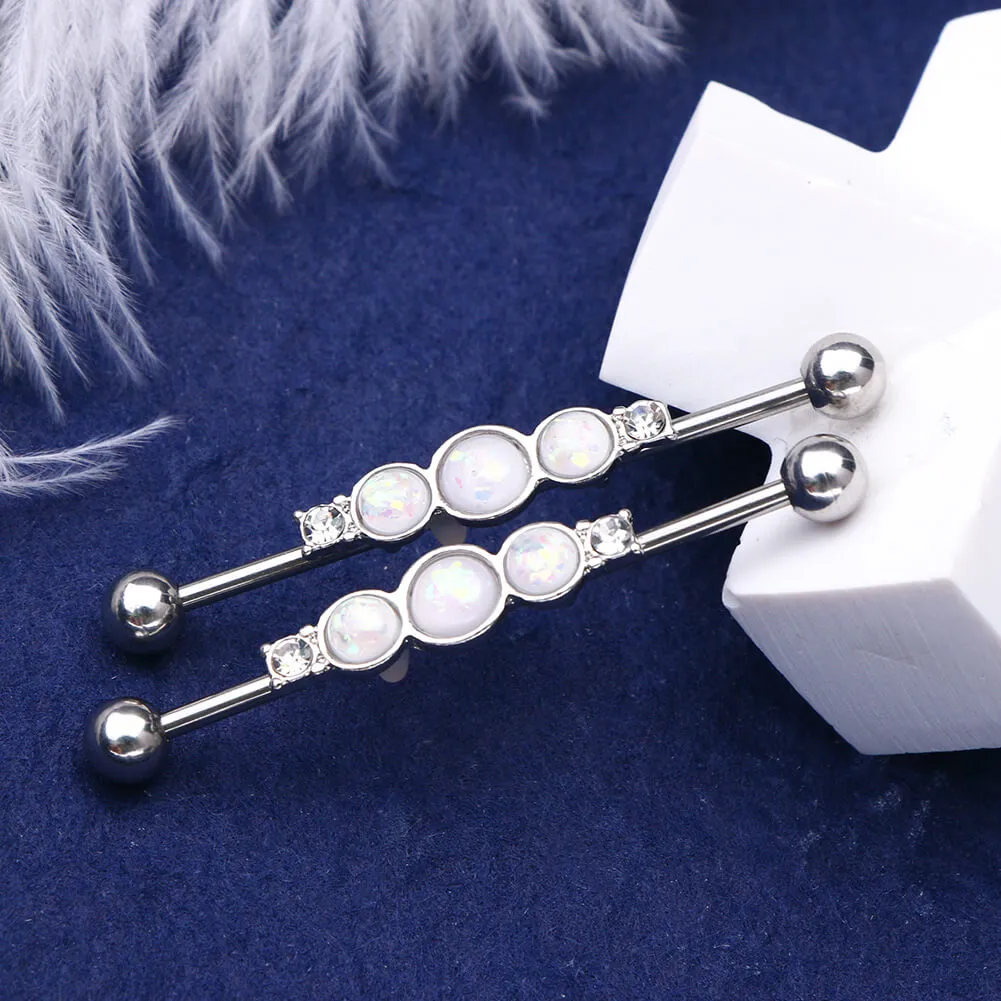 14G White Opal and CZ 38mm Industrial Barbell