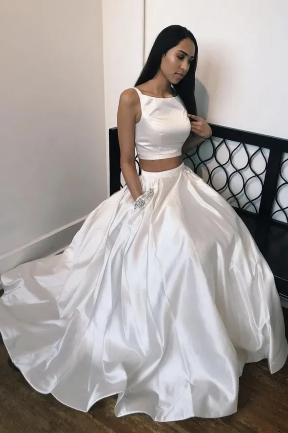 A Line 2 Pieces White Satin Long Prom Dresses, A Line Two Pieces White Satin Long Formal Evening Dresses