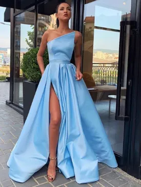 A Line Blue Strapless Side-Slit Long Prom Dress, Blue Strapless Side-Slit Long Formal Evening Dress