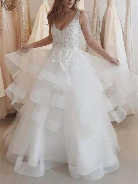 A-line Deep-V Floor-Length Organza Lace Beaded  Wedding Dresses ABC0002