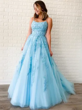 A Line Sky Blue Lace Backless Long Prom, Backless Sky Blue Lace Formal, Sky Blue Evening