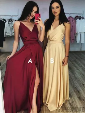 A-line Spaghetti Straps V-neck Simple Bridesmaid Dresses With Split, BD1042