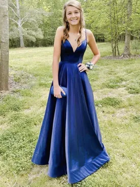 A Line V Neck Blue Satin Long Prom Dresses, A Line V Neck Blue Satin Long Formal Evening Dresses