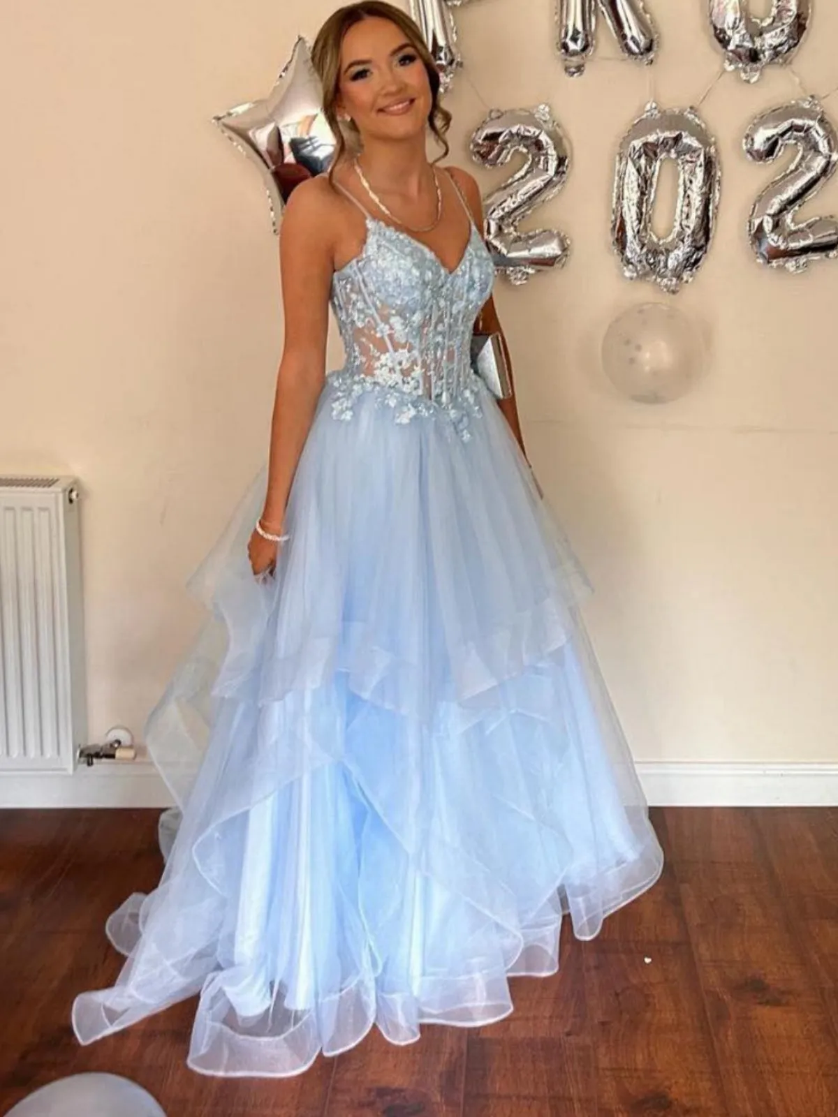 A Line V Neck Light Blue Lace Long Prom Dresses, Light Blue Lace Formal Dresses, Light Blue Tulle Evening Dresses SP2993