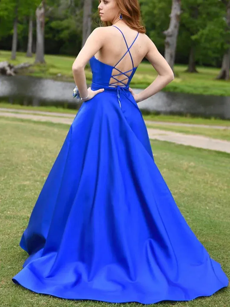 A Line V Neck Royal Blue Long Prom Dresses, Blue V Neck Formal Evening Graduation Dresses