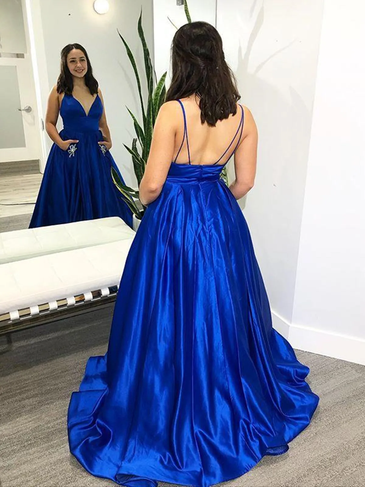 A-line V Neck Satin Long Prom Dresses with Pockets Royal Blue Backless Formal Evening Gowns