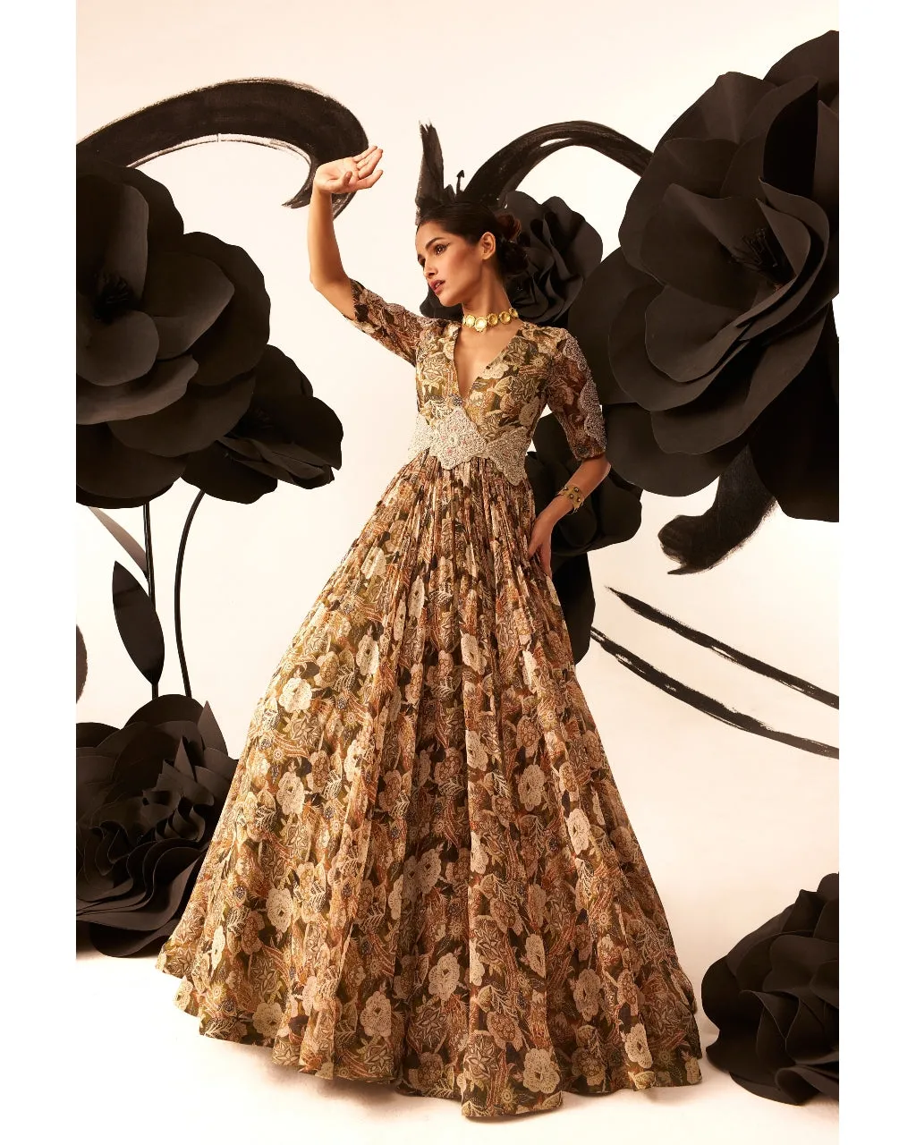 Abstract Floral Print Belted Anarkali Set