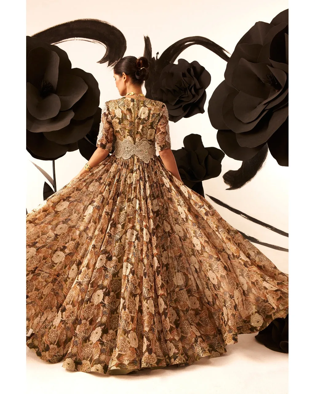 Abstract Floral Print Belted Anarkali Set