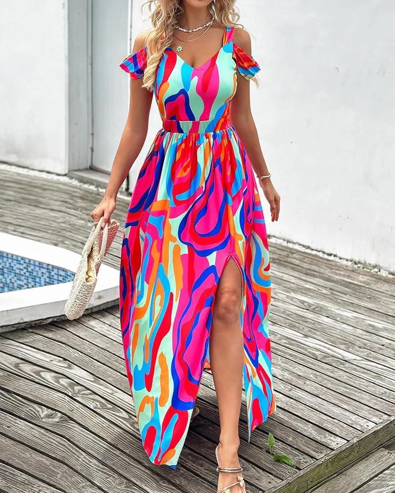 Abstract Print Cold Shoulder High Slit Maxi Dress