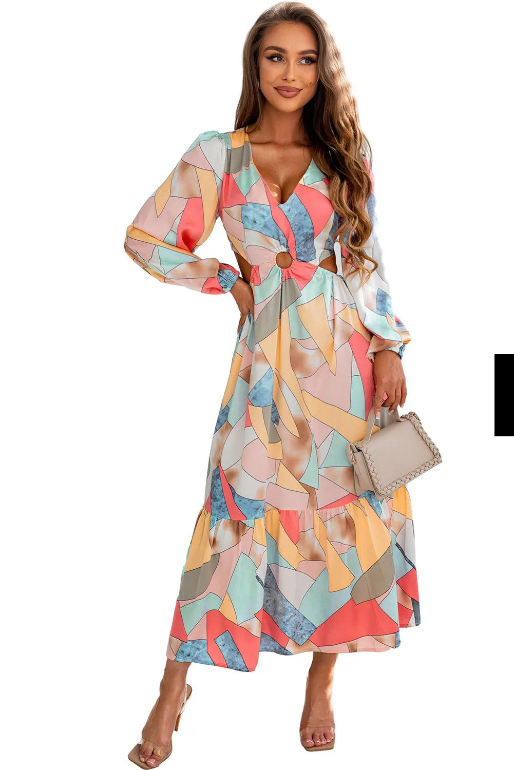 Abstract Print Long Sleeve Maxi Dress