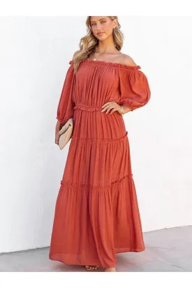 Adrianne Ruffle Trim Off Shoulder Long Sleeve Maxi Dress