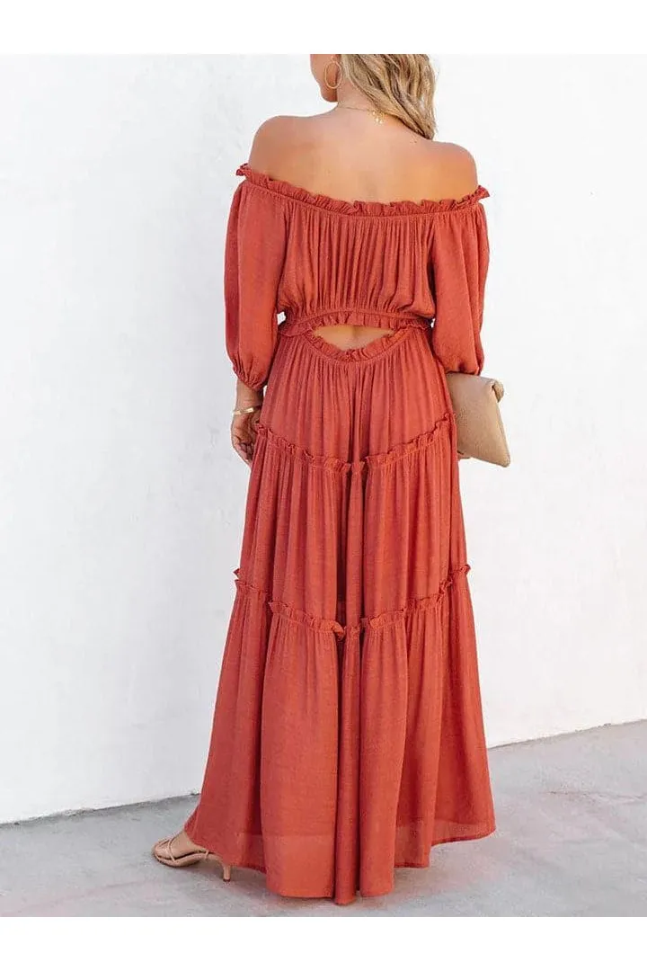 Adrianne Ruffle Trim Off Shoulder Long Sleeve Maxi Dress