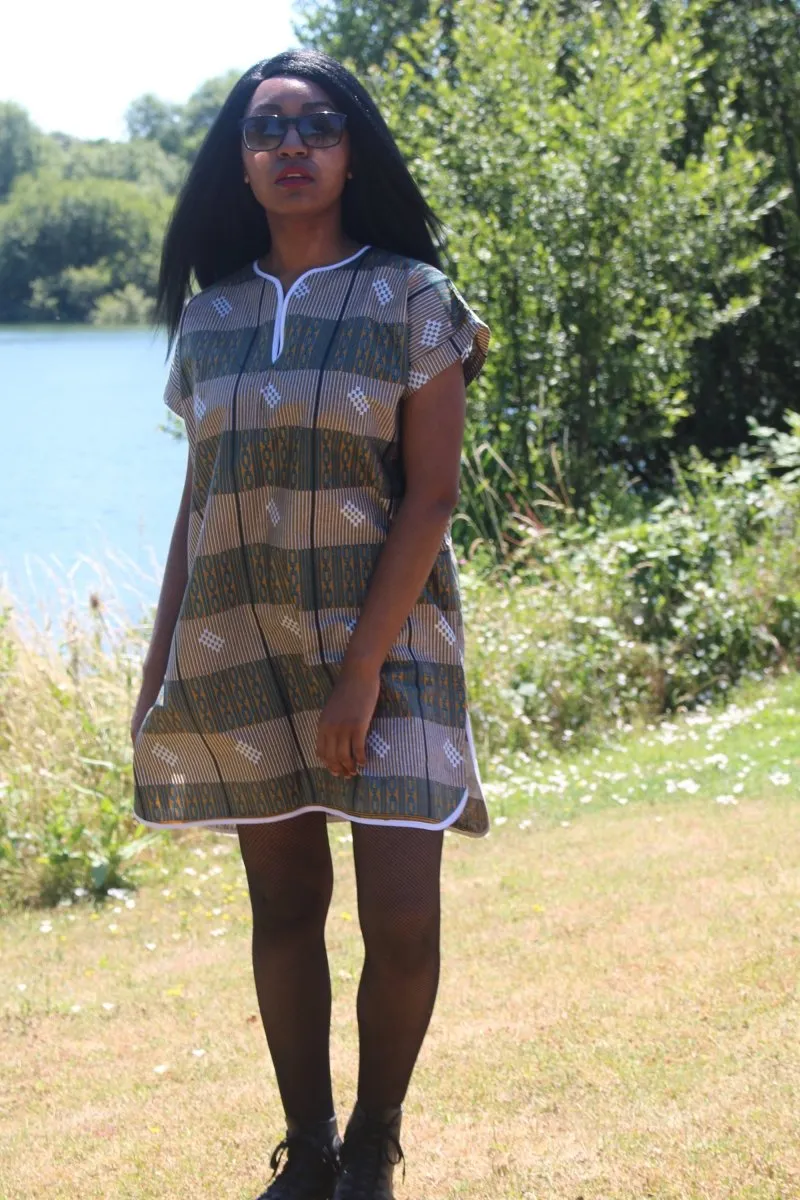 African Print Shift Dress is blue Kente