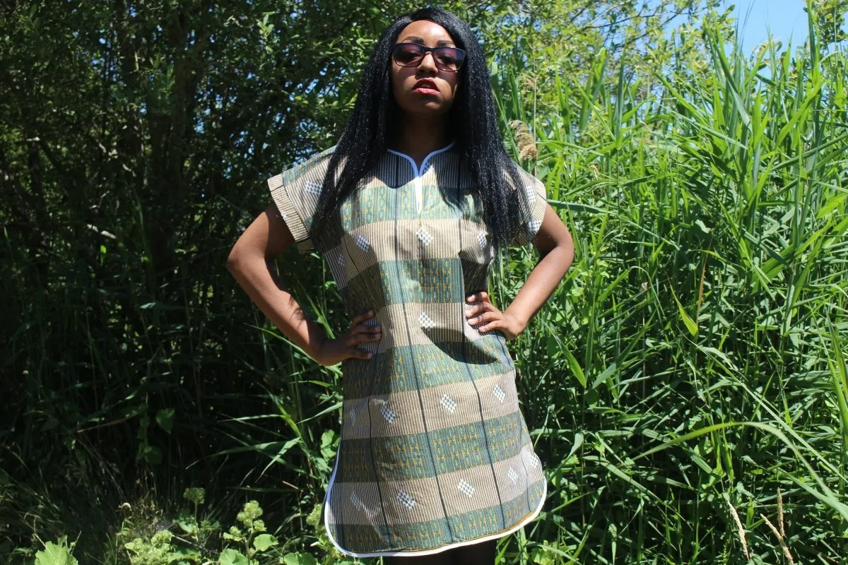 African Print Shift Dress is blue Kente