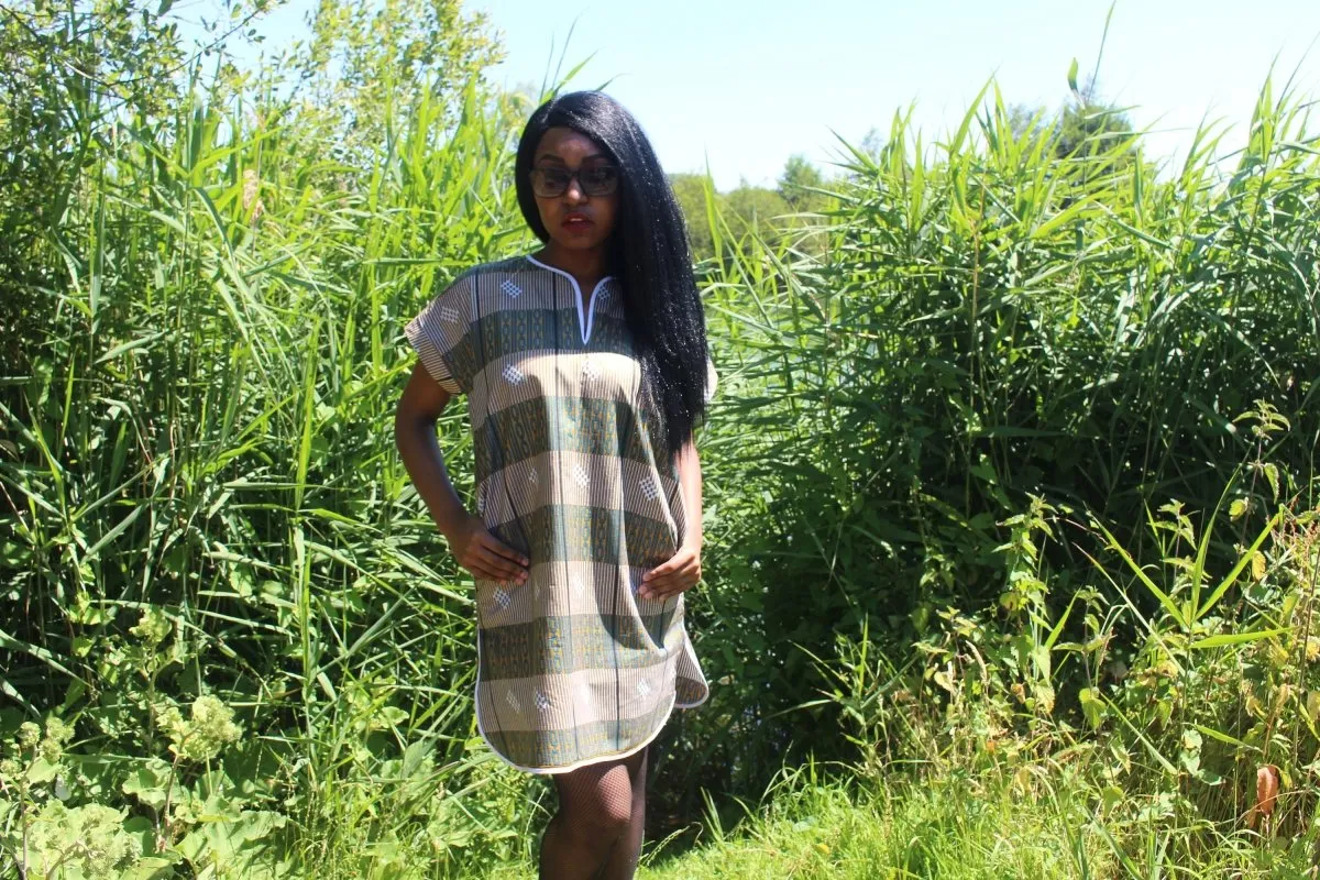 African Print Shift Dress is blue Kente