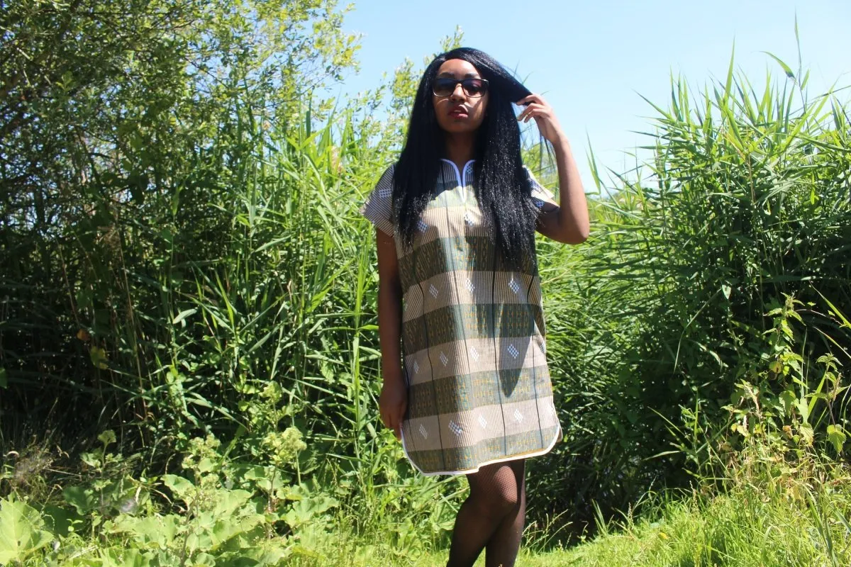 African Print Shift Dress is blue Kente