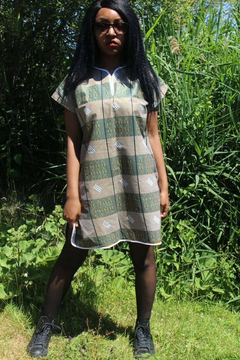 African Print Shift Dress is blue Kente