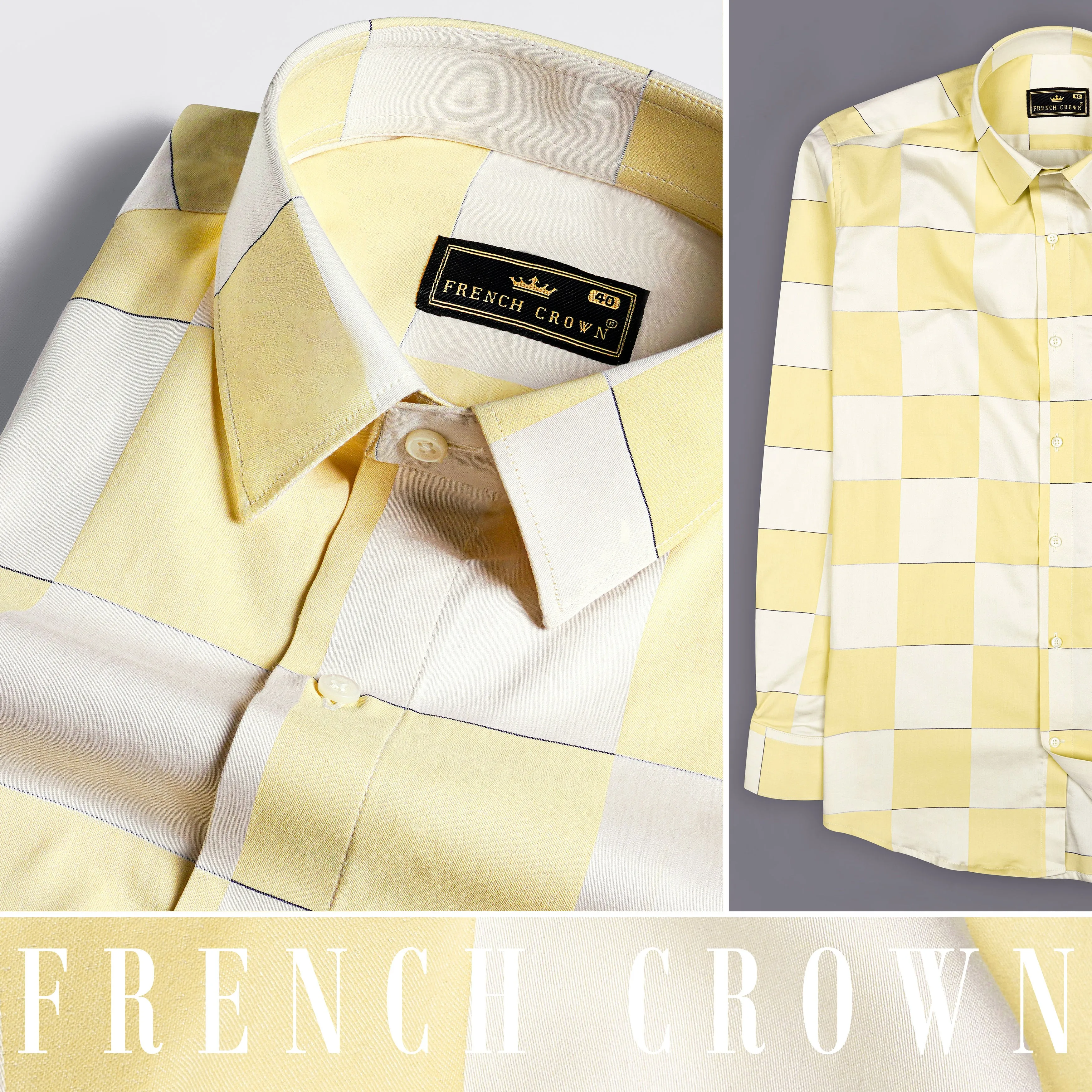 Albescent Cream with Maezipan Yellow Checked Jacquard Textured Premium Giza Cotton Shirt