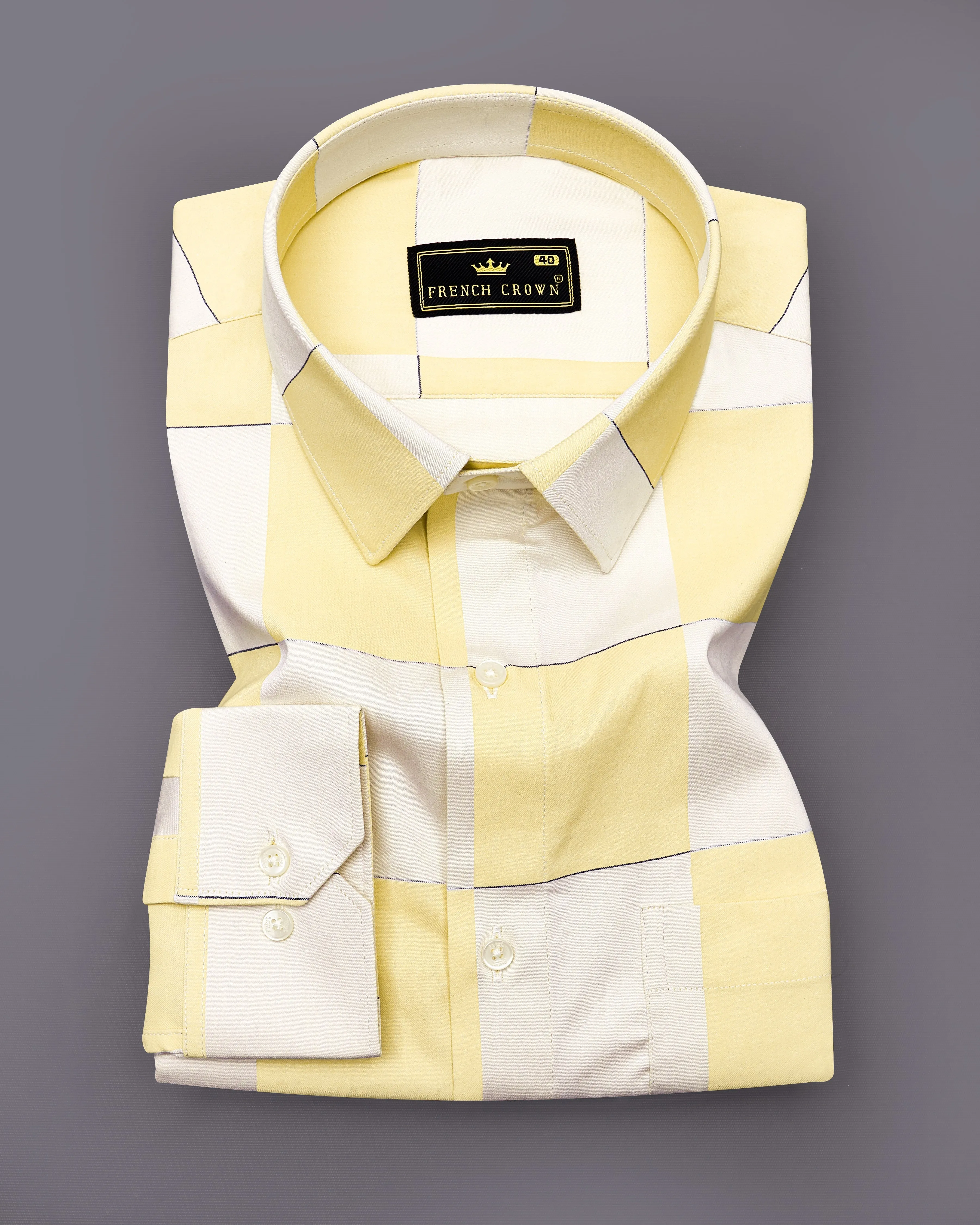 Albescent Cream with Maezipan Yellow Checked Jacquard Textured Premium Giza Cotton Shirt