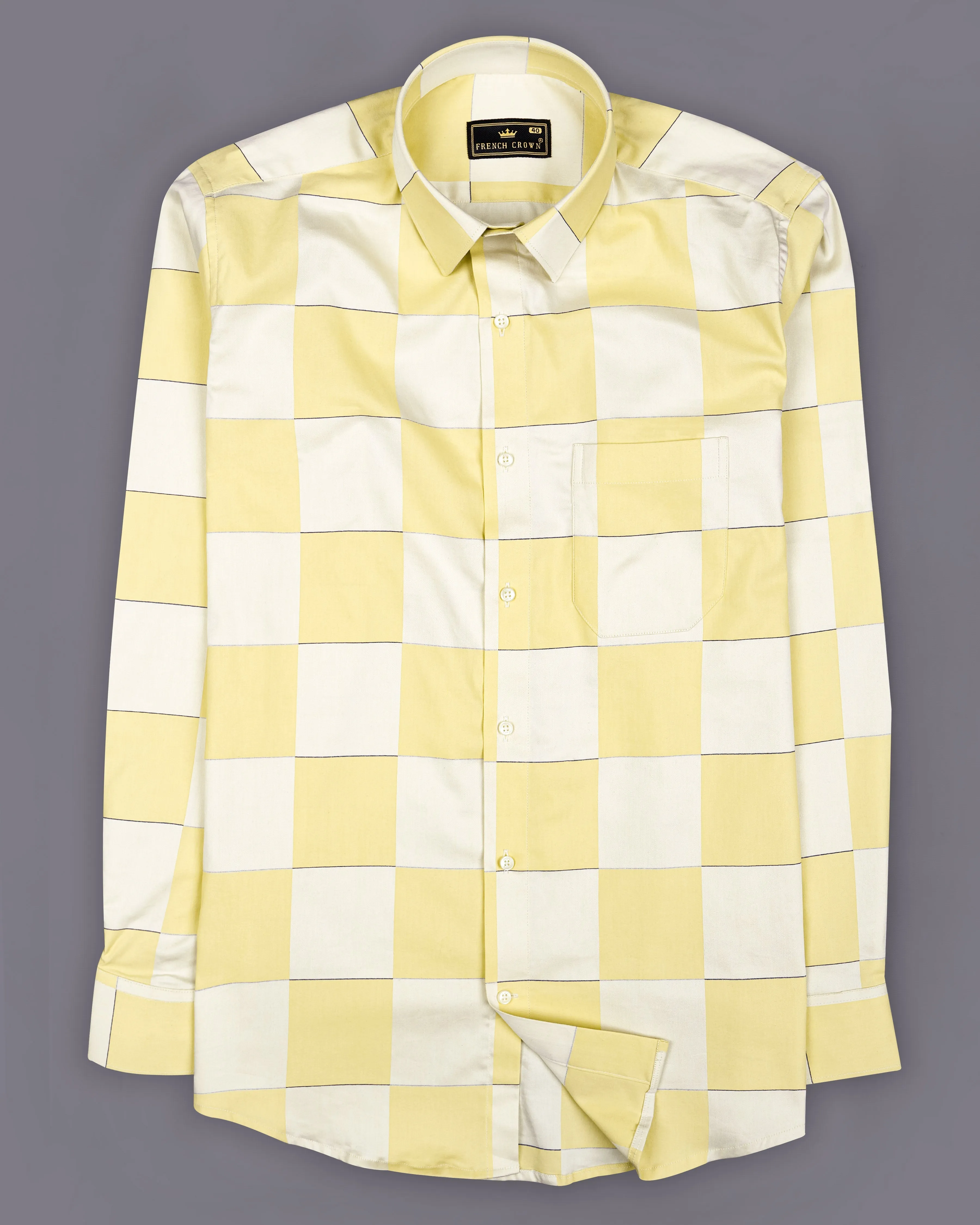 Albescent Cream with Maezipan Yellow Checked Jacquard Textured Premium Giza Cotton Shirt