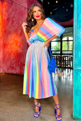 Always Be You - Rainbow Stripe Pleated Midi Dress