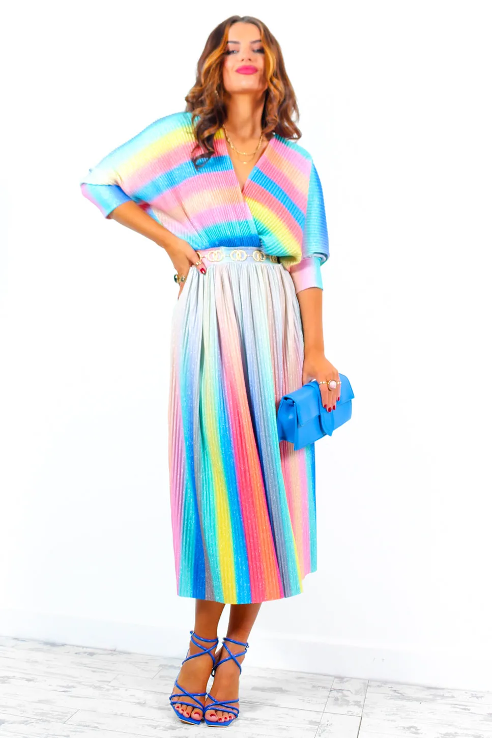 Always Be You - Rainbow Stripe Pleated Midi Dress