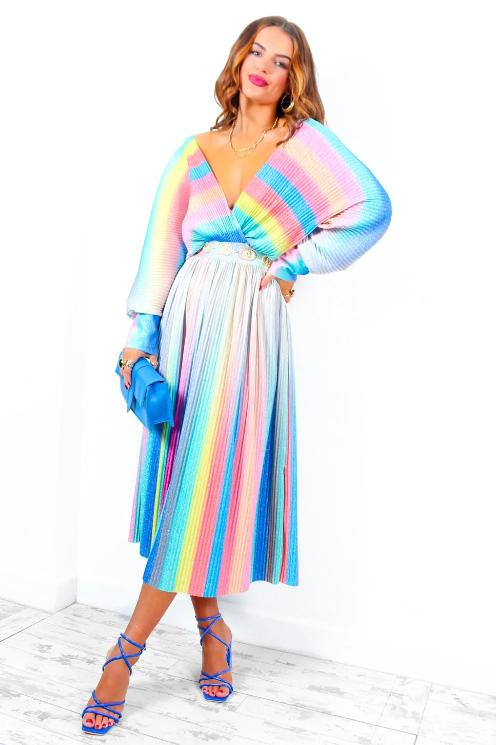 Always Be You - Rainbow Stripe Pleated Midi Dress