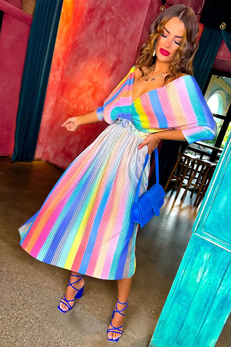 Always Be You - Rainbow Stripe Pleated Midi Dress