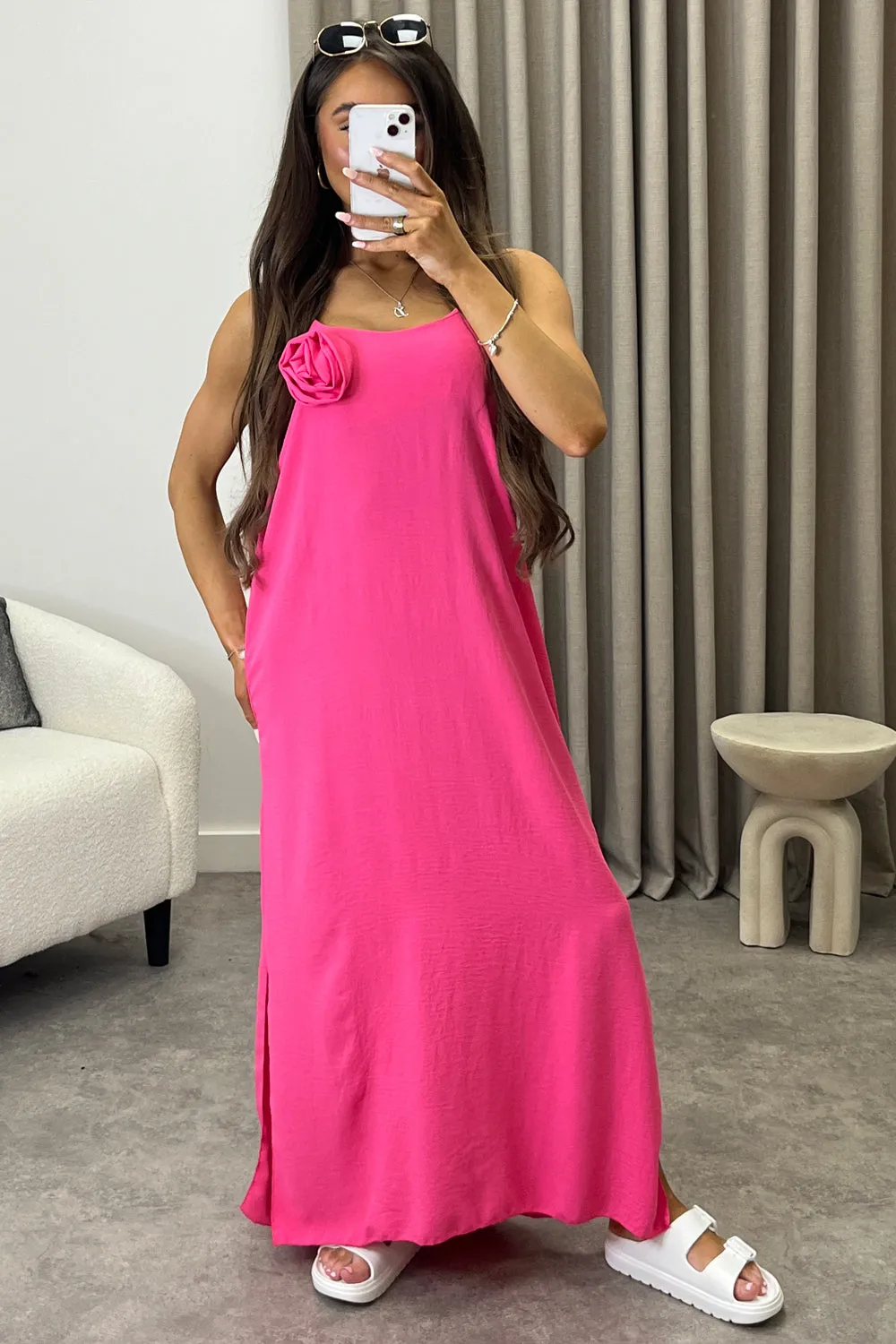 Amaya Pink Flower Corsage Strappy Maxi Dress