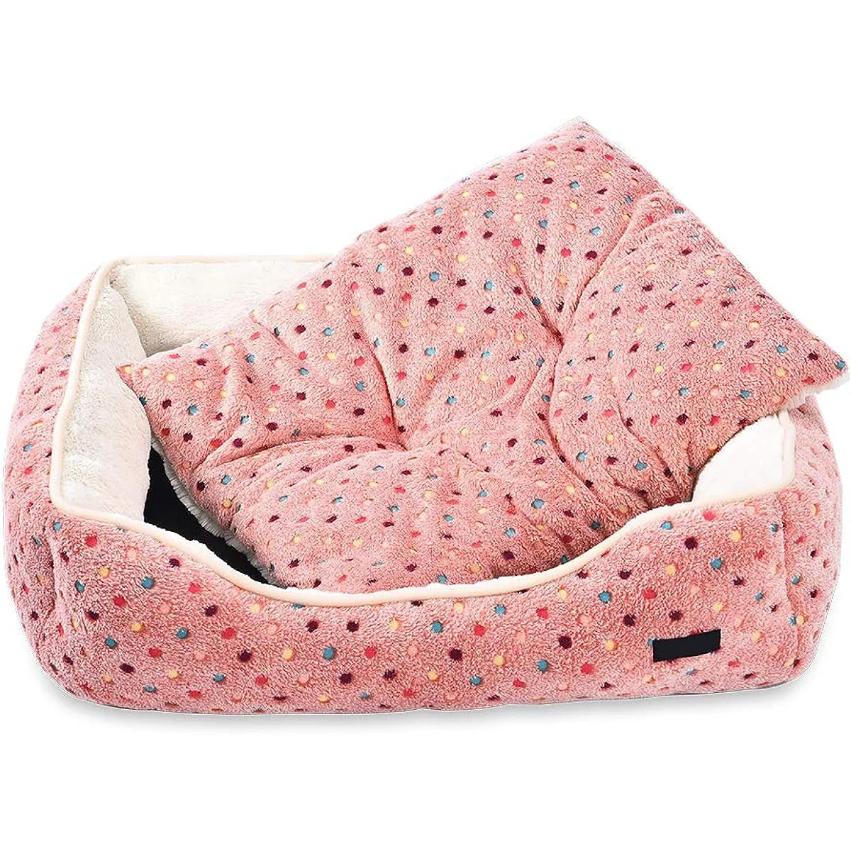 Amazon Basics Cuddler Warm & Cozy Pet Bed for Dogs and Cats (Pink Polka Dots)