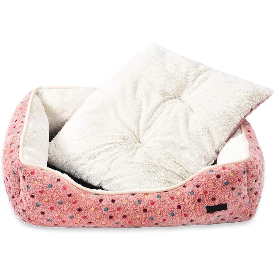 Amazon Basics Cuddler Warm & Cozy Pet Bed for Dogs and Cats (Pink Polka Dots)