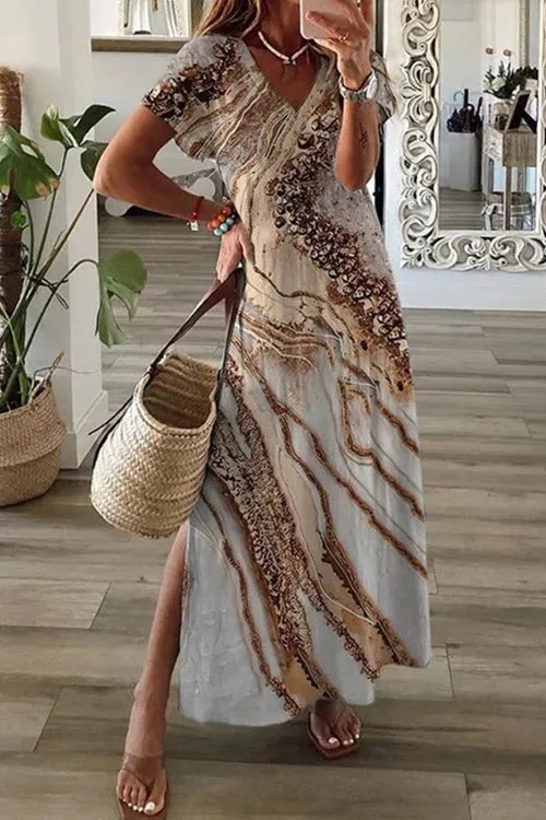 Ambilight Print V Neck Slit Maxi Dress