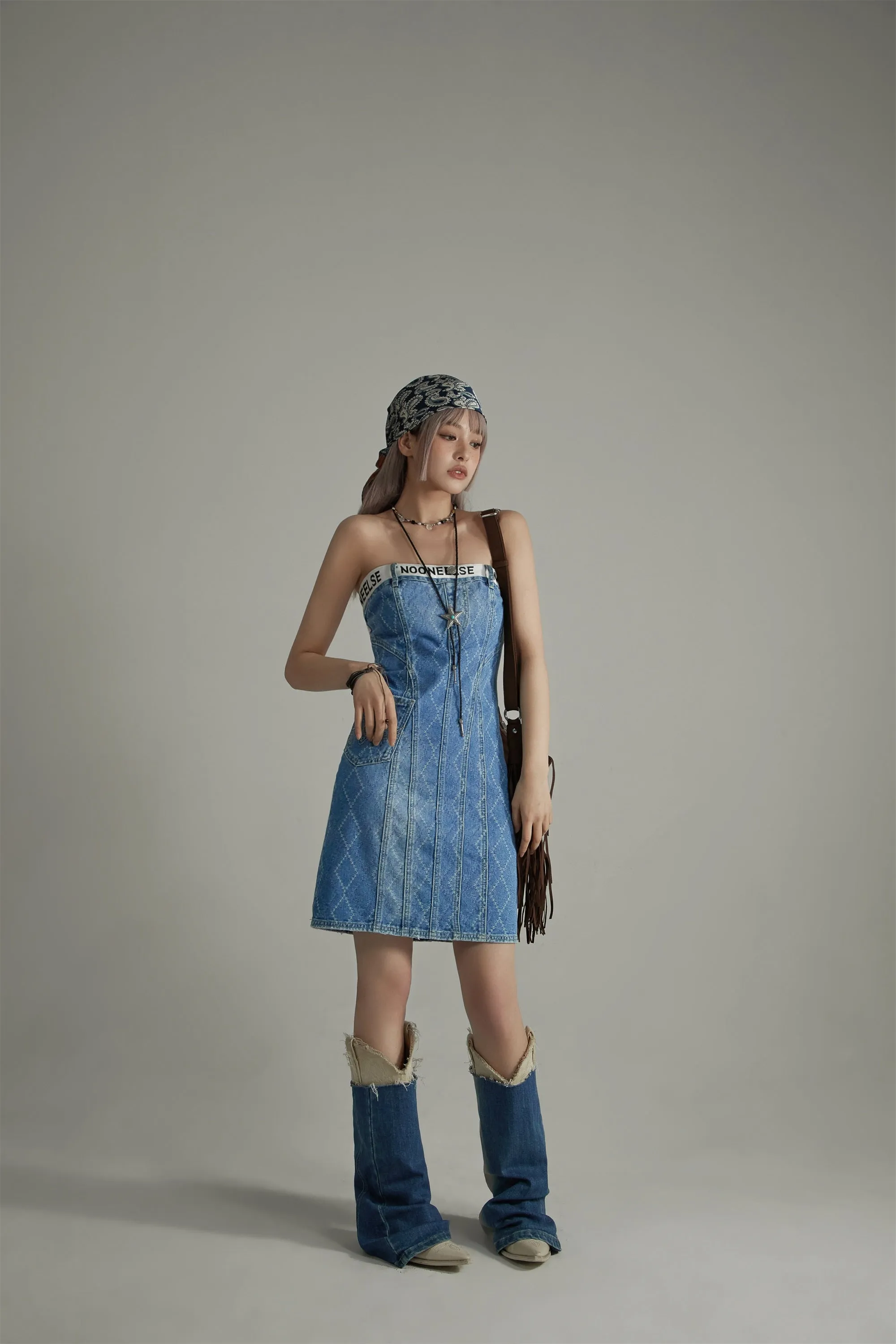 Argyle Denim Strapless Dress