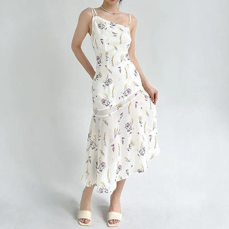 Asymmetric Slip Floral Print Scallop Hem Shift White Flare Dress