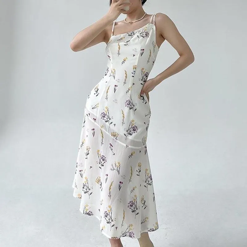 Asymmetric Slip Floral Print Scallop Hem Shift White Flare Dress