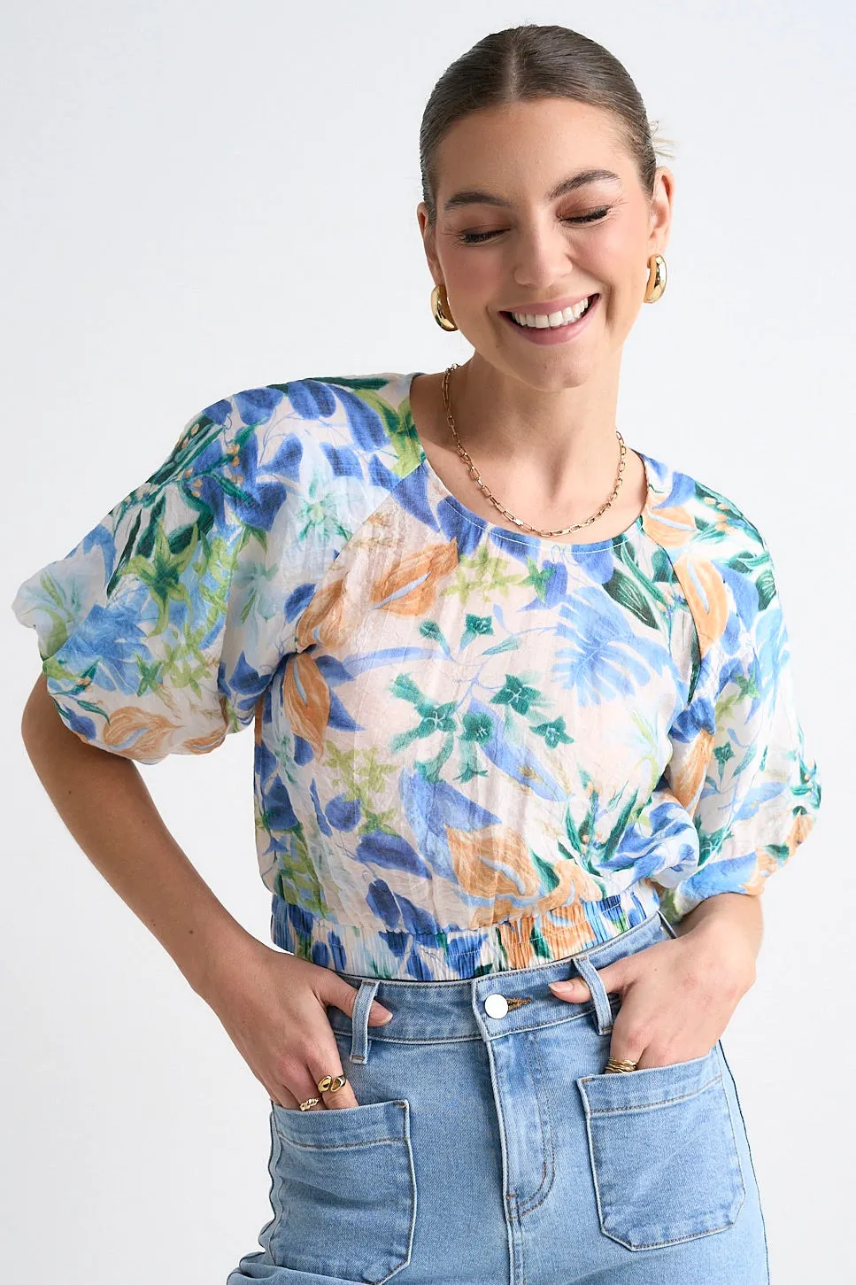 Ayres Blue Orange Tropical Floral Crew Neck SS Top