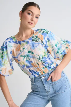 Ayres Blue Orange Tropical Floral Crew Neck SS Top