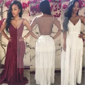 Backless Simple Strap Long A-line Prom Dresses, PD0240