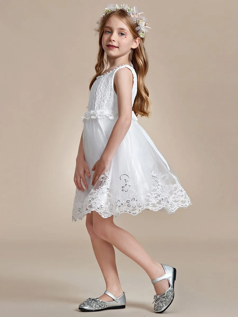 Beaded Lace Applique Sleeveless Flower Girl Dress With Back Bow-Knot