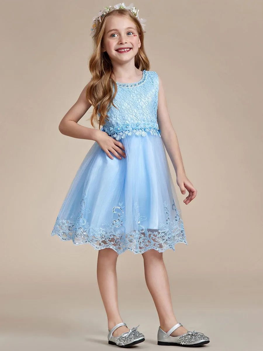 Beaded Lace Applique Sleeveless Flower Girl Dress With Back Bow-Knot