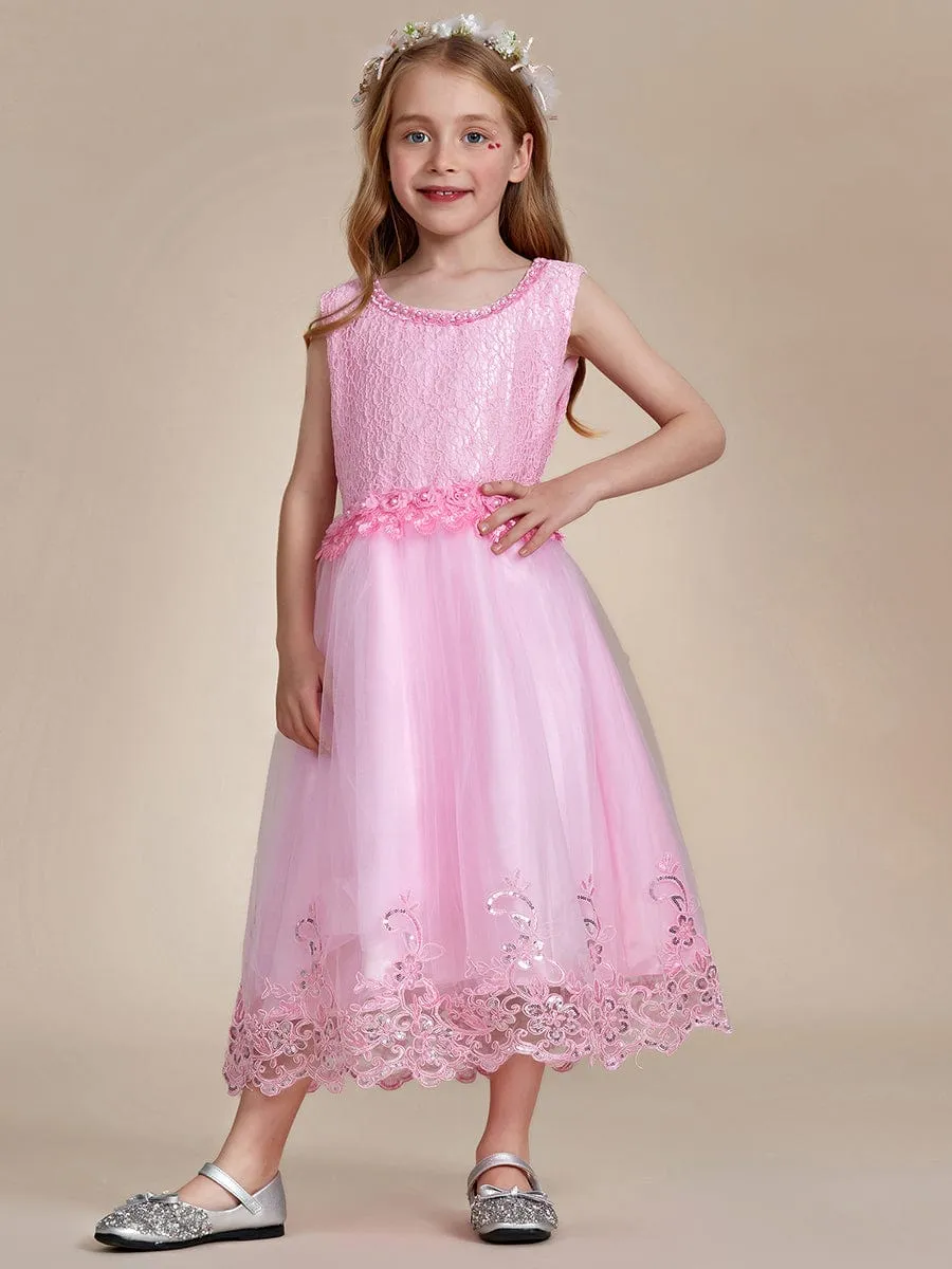 Beaded Lace Applique Sleeveless Flower Girl Dress With Back Bow-Knot