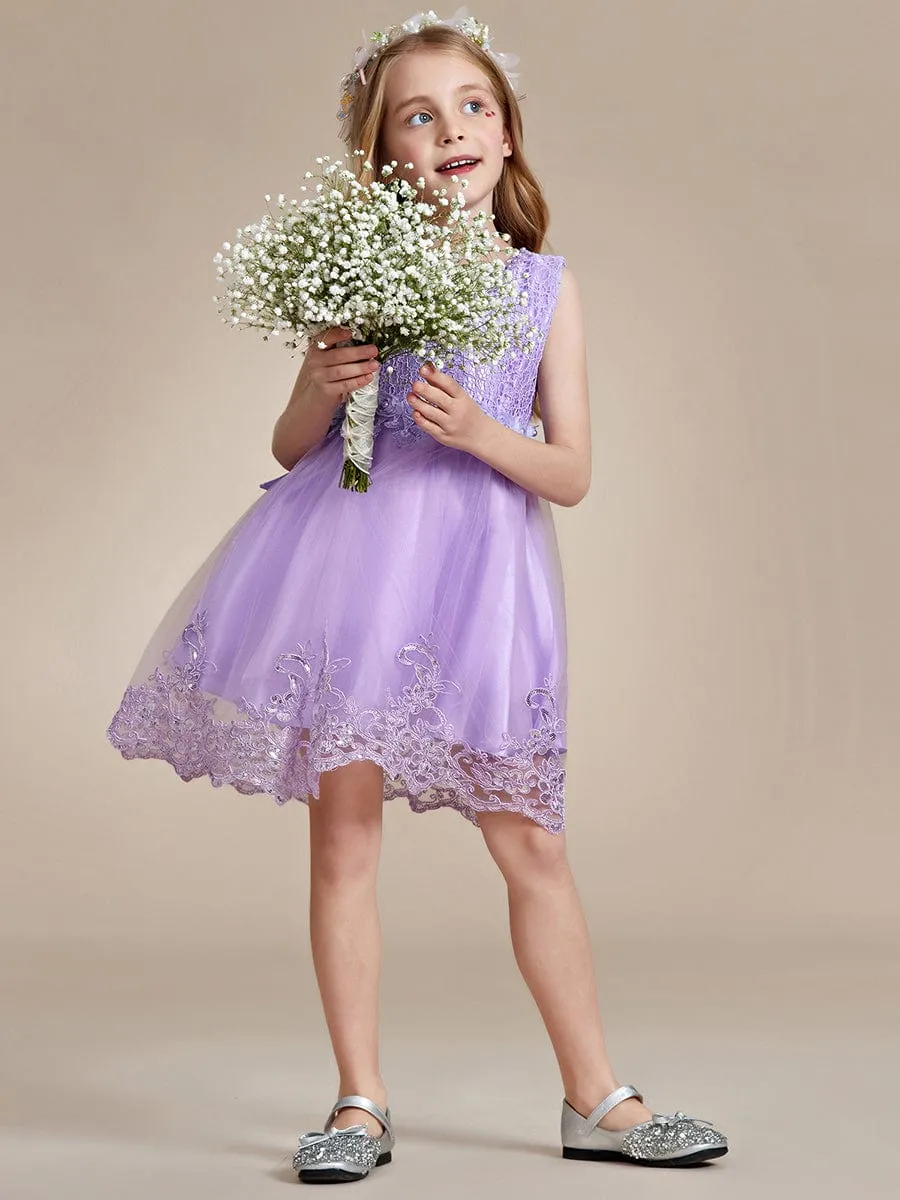 Beaded Lace Applique Sleeveless Flower Girl Dress With Back Bow-Knot