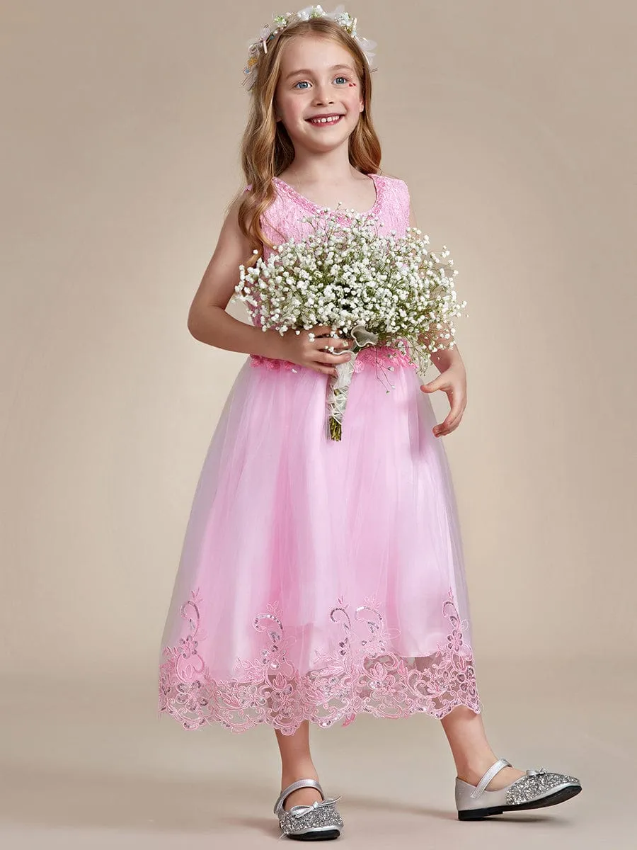 Beaded Lace Applique Sleeveless Flower Girl Dress With Back Bow-Knot