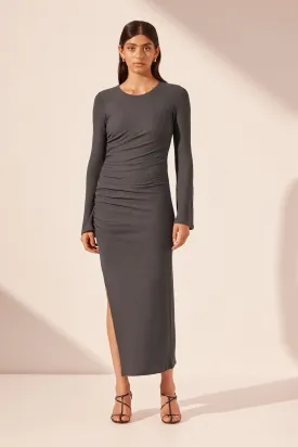 BEAU GATHERED LONG SLEEVE MIDI DRESS - DARK ASH