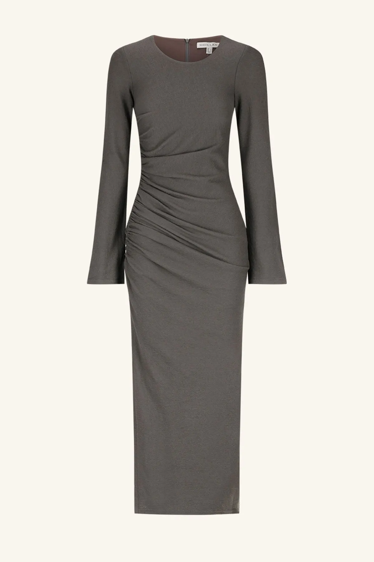 BEAU GATHERED LONG SLEEVE MIDI DRESS - DARK ASH