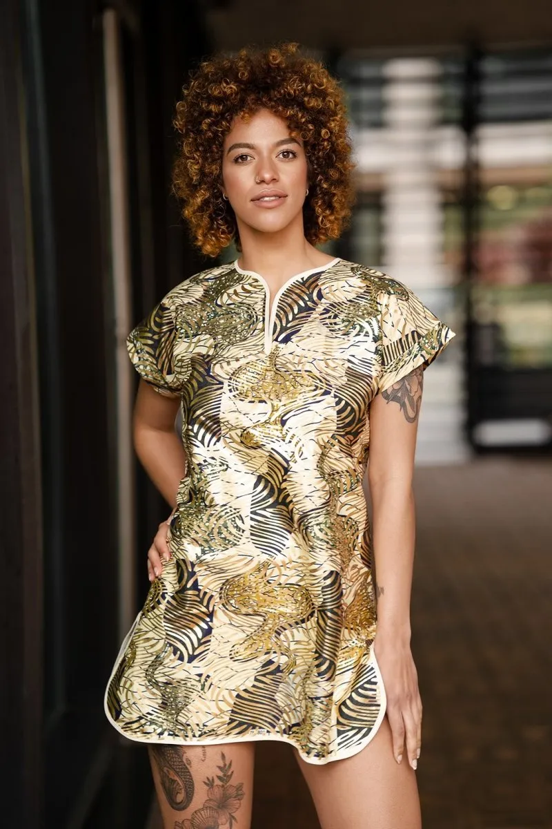 Beautiful African Print Dress In Metallic Gold