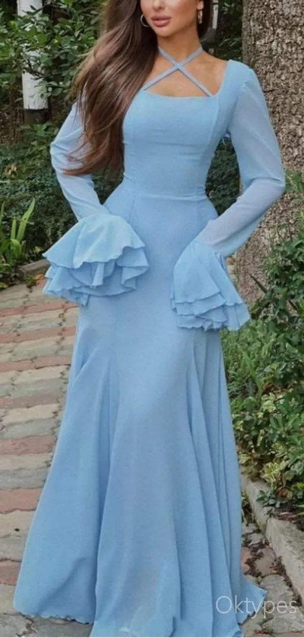 Beautiful Blue Square Full Sleeve Ruffle A-Line Floor-Length Prom Dresses PDS1150